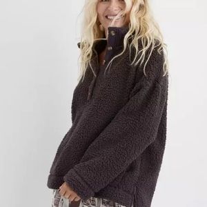 Aerie — Cloud sherpa oversized button pullover, small, brown